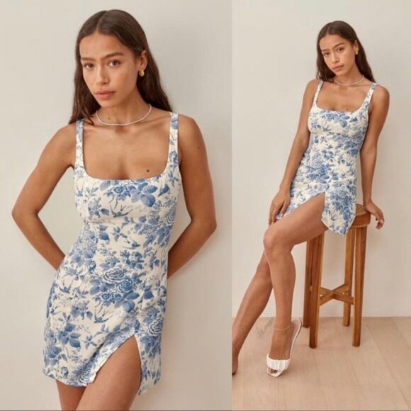 Reformation Noha Dress Blue White Floral Mini Slit Pompadour Size 2 - Picture 1 of 8